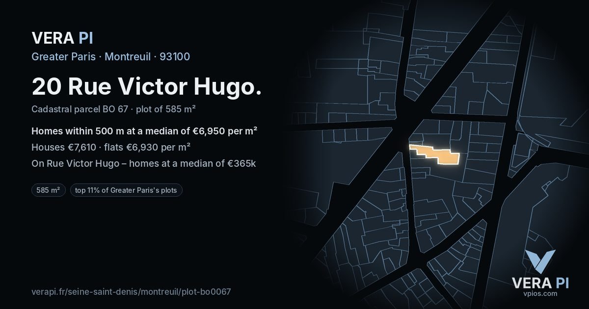 20 Rue Victor Hugo, Montreuil at night – the plot lit, the parcels around coloured by the prices near them