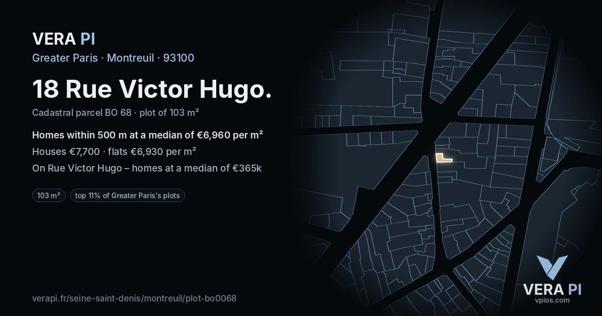 18 Rue Victor Hugo, Montreuil at night – the plot lit, the parcels around coloured by the prices near them