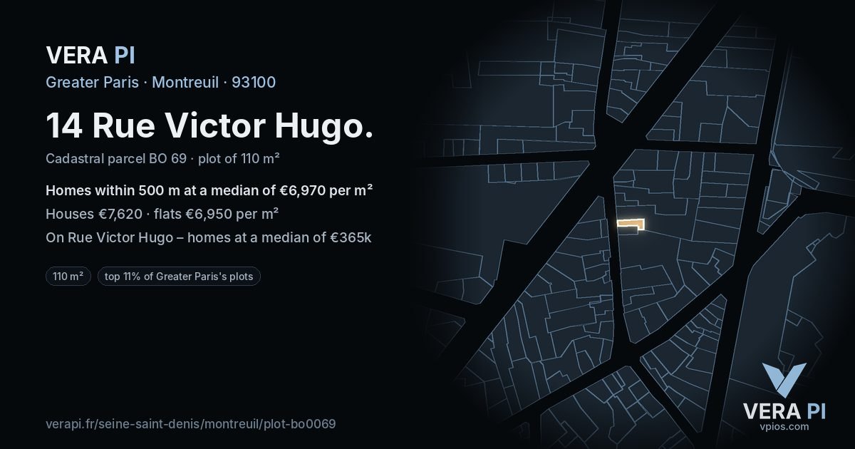14 Rue Victor Hugo, Montreuil at night – the plot lit, the parcels around coloured by the prices near them