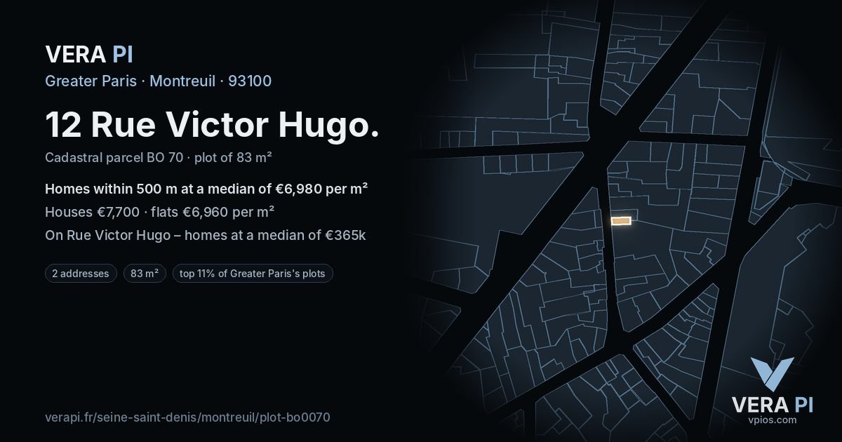 12 Rue Victor Hugo, Montreuil at night – the plot lit, the parcels around coloured by the prices near them