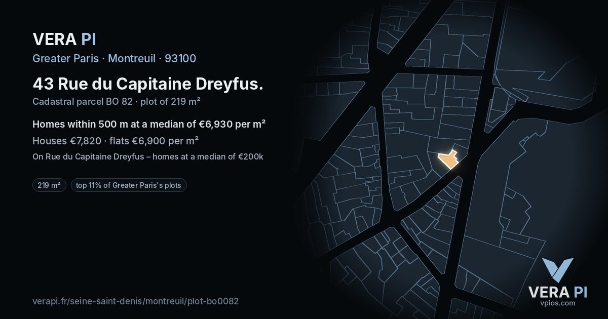 43 Rue du Capitaine Dreyfus, Montreuil at night – the plot lit, the parcels around coloured by the prices near them