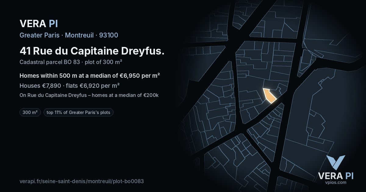 41 Rue du Capitaine Dreyfus, Montreuil at night – the plot lit, the parcels around coloured by the prices near them