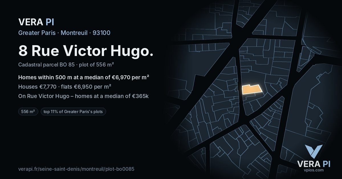 8 Rue Victor Hugo, Montreuil at night – the plot lit, the parcels around coloured by the prices near them