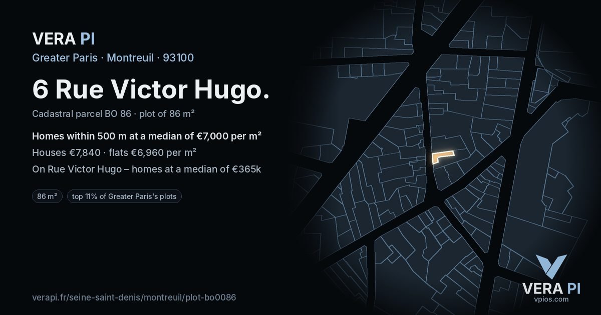 6 Rue Victor Hugo, Montreuil at night – the plot lit, the parcels around coloured by the prices near them