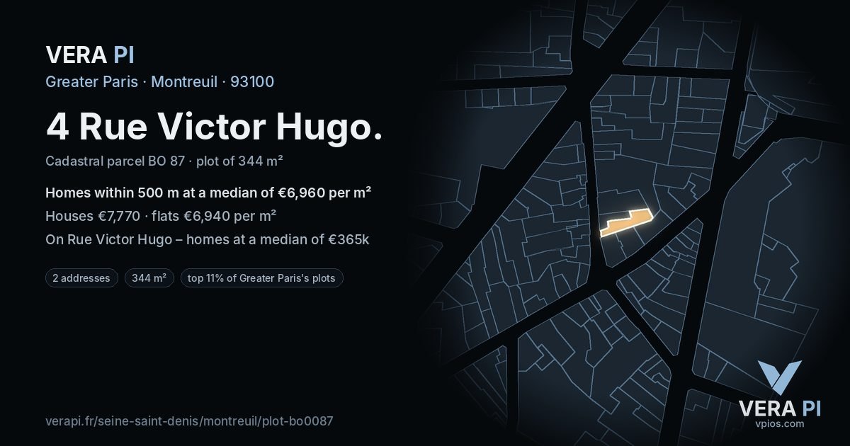 4 Rue Victor Hugo, Montreuil at night – the plot lit, the parcels around coloured by the prices near them
