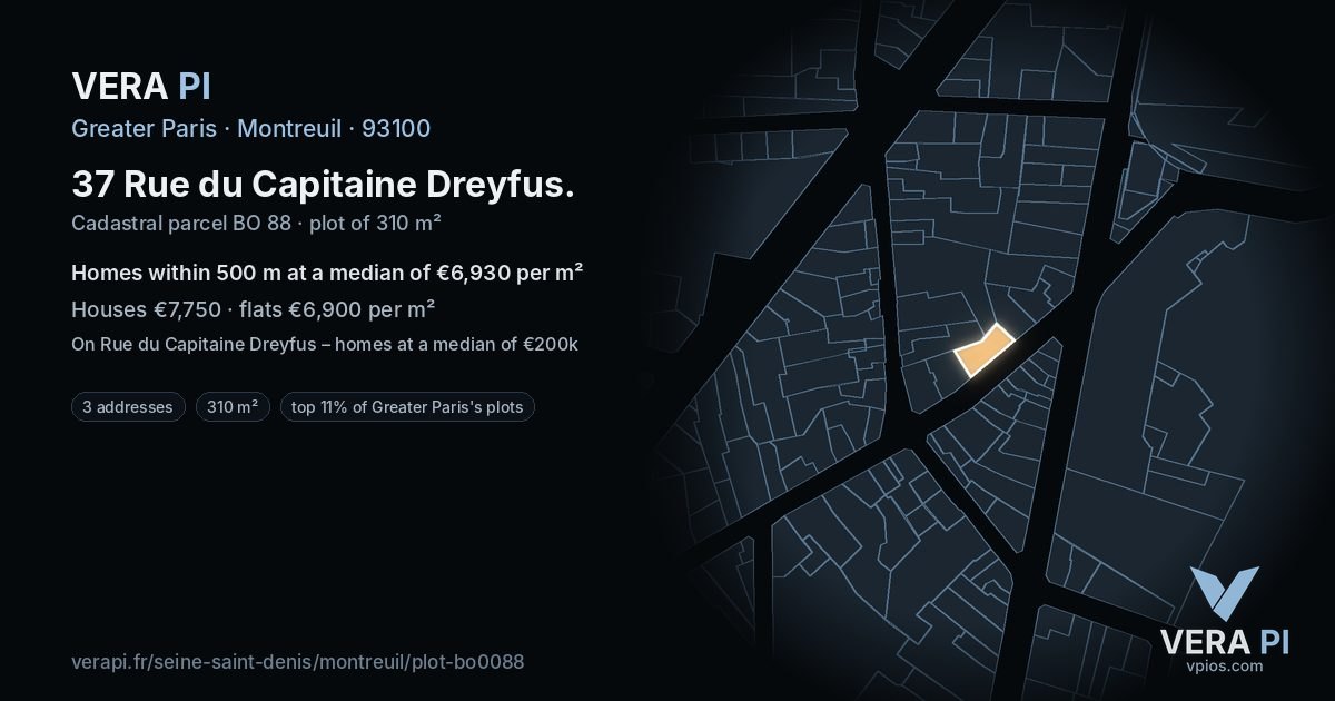37 Rue du Capitaine Dreyfus, Montreuil at night – the plot lit, the parcels around coloured by the prices near them
