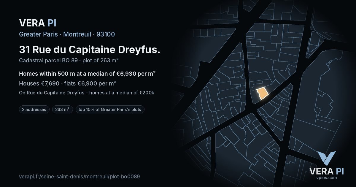 31 Rue du Capitaine Dreyfus, Montreuil at night – the plot lit, the parcels around coloured by the prices near them
