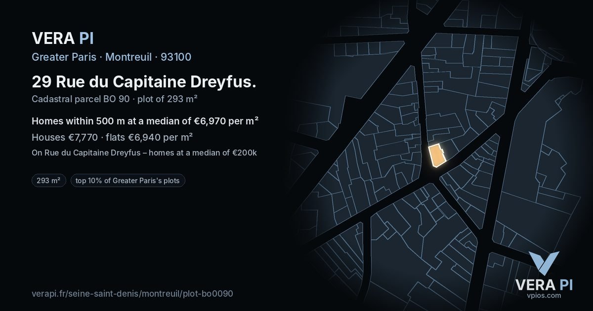 29 Rue du Capitaine Dreyfus, Montreuil at night – the plot lit, the parcels around coloured by the prices near them