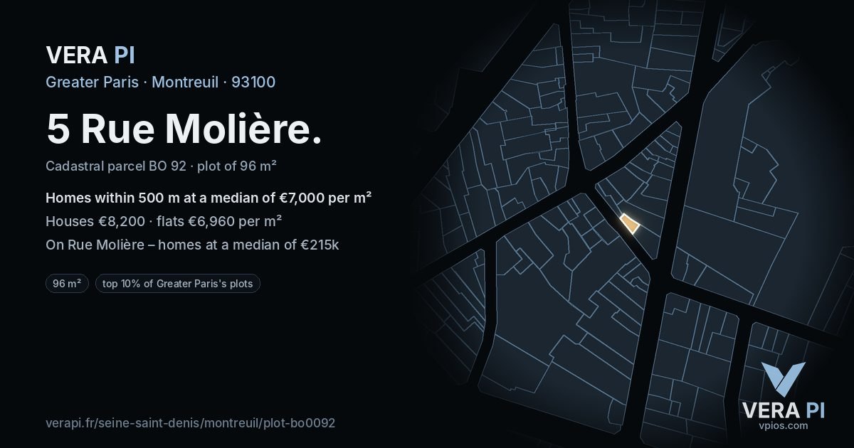 5 Rue Molière, Montreuil at night – the plot lit, the parcels around coloured by the prices near them