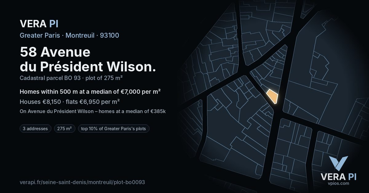 58 Avenue du Président Wilson, Montreuil at night – the plot lit, the parcels around coloured by the prices near them