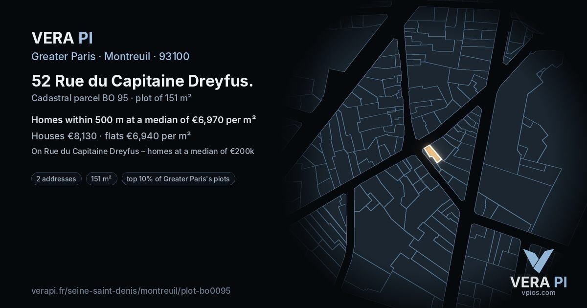 52 Rue du Capitaine Dreyfus, Montreuil at night – the plot lit, the parcels around coloured by the prices near them