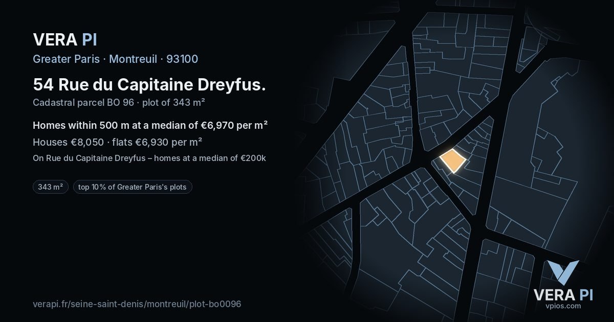 54 Rue du Capitaine Dreyfus, Montreuil at night – the plot lit, the parcels around coloured by the prices near them