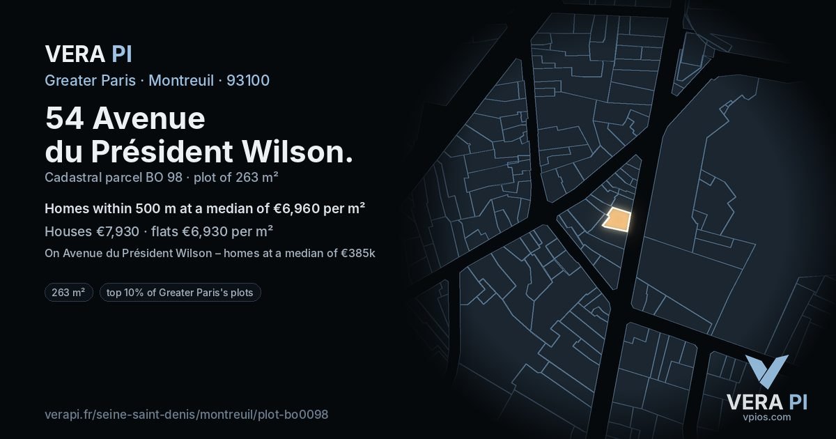 54 Avenue du Président Wilson, Montreuil at night – the plot lit, the parcels around coloured by the prices near them
