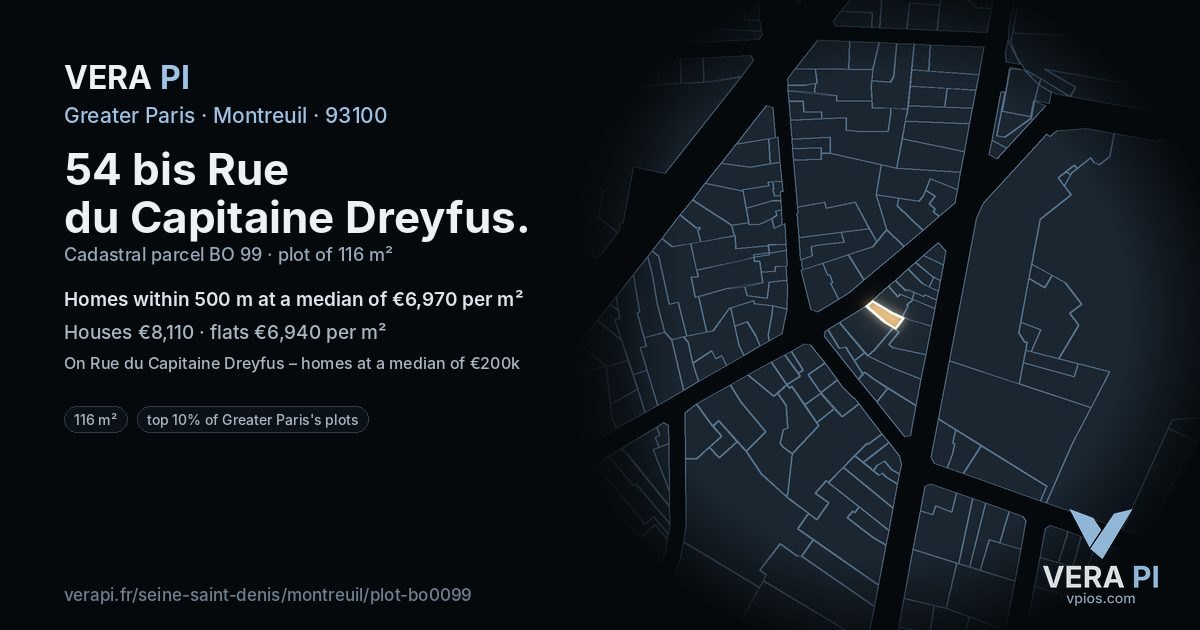 54 bis Rue du Capitaine Dreyfus, Montreuil at night – the plot lit, the parcels around coloured by the prices near them
