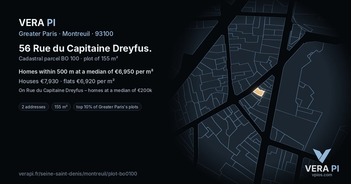 56 Rue du Capitaine Dreyfus, Montreuil at night – the plot lit, the parcels around coloured by the prices near them