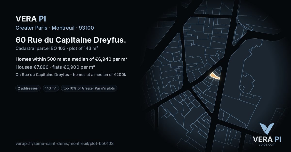 60 Rue du Capitaine Dreyfus, Montreuil at night – the plot lit, the parcels around coloured by the prices near them