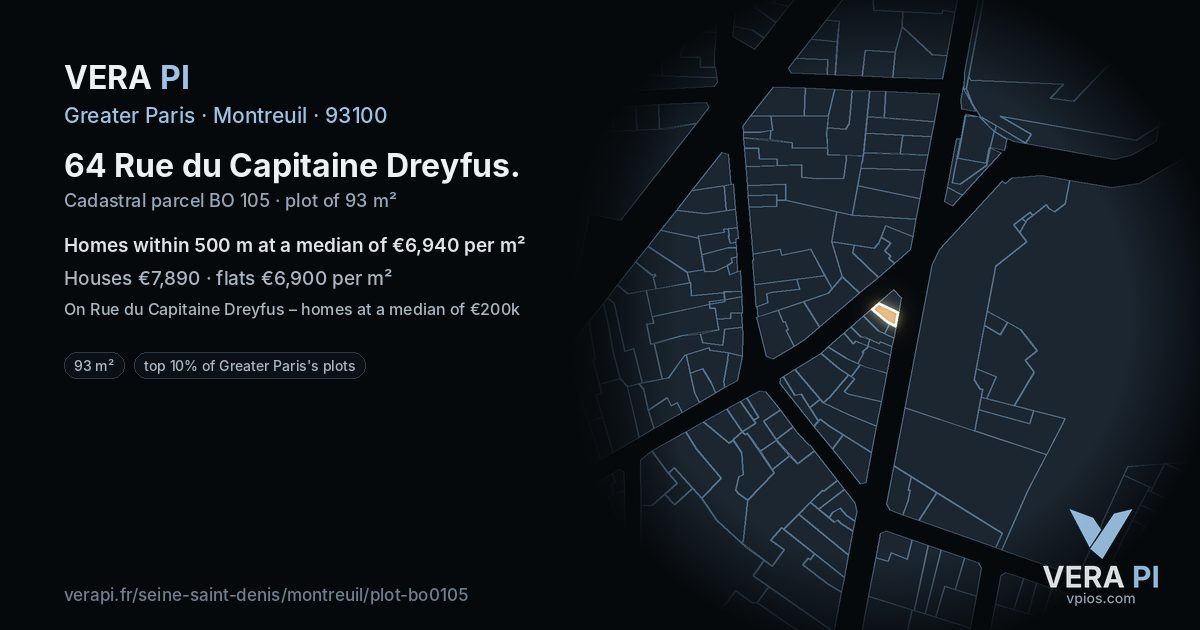 64 Rue du Capitaine Dreyfus, Montreuil at night – the plot lit, the parcels around coloured by the prices near them