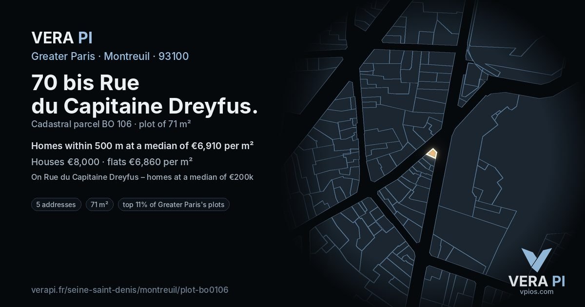70 bis Rue du Capitaine Dreyfus, Montreuil at night – the plot lit, the parcels around coloured by the prices near them