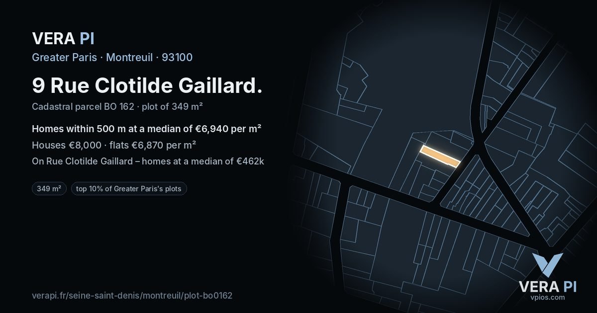 9 Rue Clotilde Gaillard, Montreuil at night – the plot lit, the parcels around coloured by the prices near them