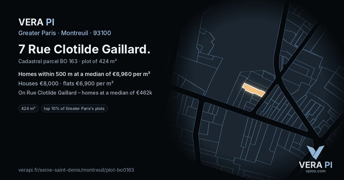 7 Rue Clotilde Gaillard, Montreuil at night – the plot lit, the parcels around coloured by the prices near them