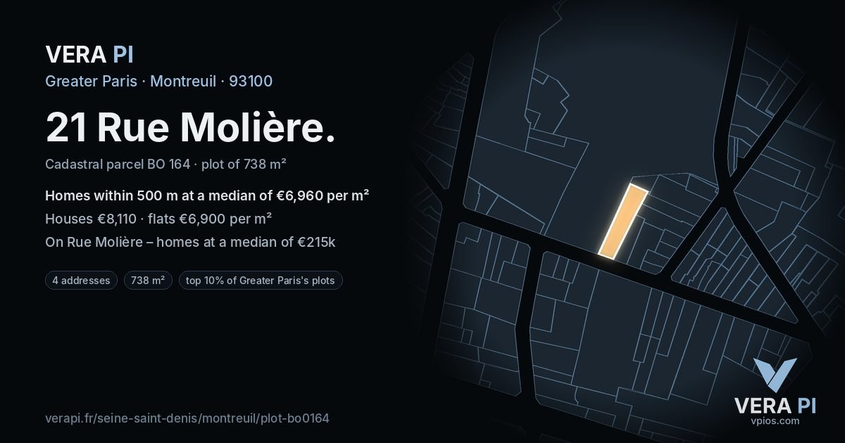 21 Rue Molière, Montreuil at night – the plot lit, the parcels around coloured by the prices near them