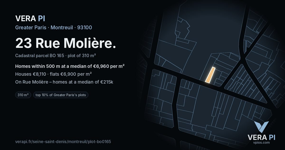 23 Rue Molière, Montreuil at night – the plot lit, the parcels around coloured by the prices near them