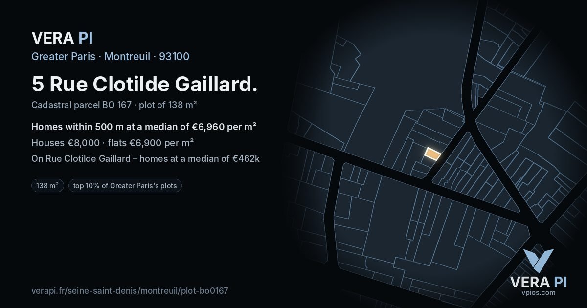 5 Rue Clotilde Gaillard, Montreuil at night – the plot lit, the parcels around coloured by the prices near them