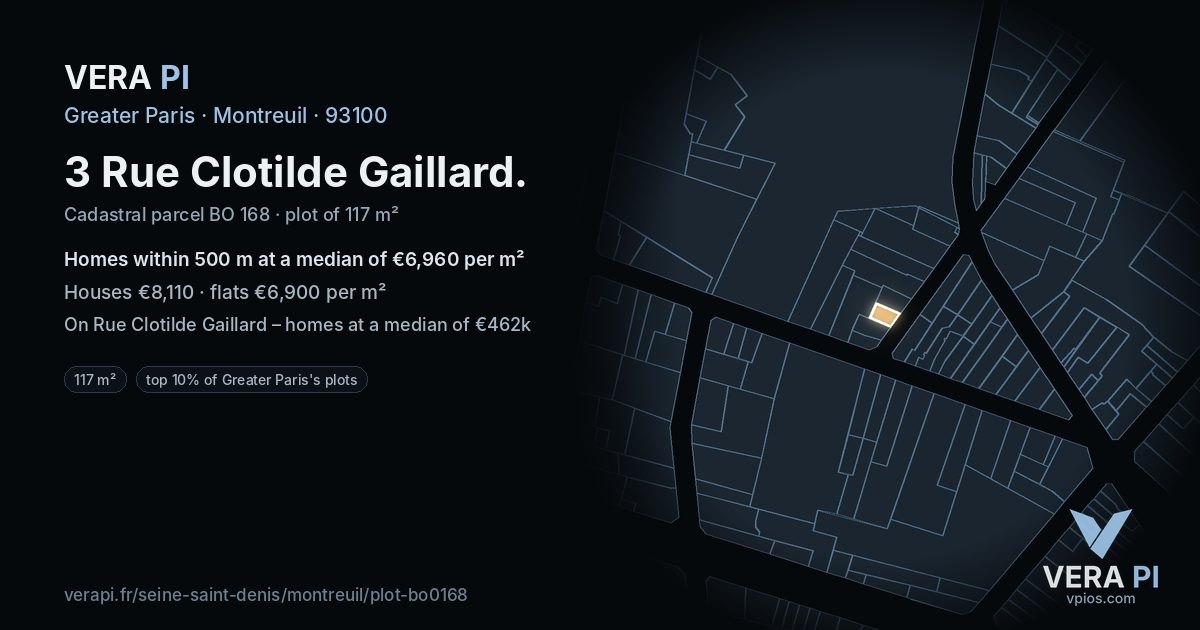 3 Rue Clotilde Gaillard, Montreuil at night – the plot lit, the parcels around coloured by the prices near them