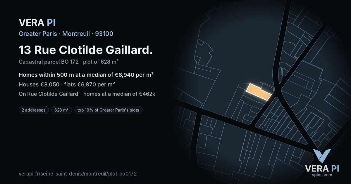 13 Rue Clotilde Gaillard, Montreuil at night – the plot lit, the parcels around coloured by the prices near them