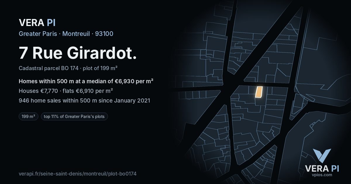 7 Rue Girardot, Montreuil at night – the plot lit, the parcels around coloured by the prices near them