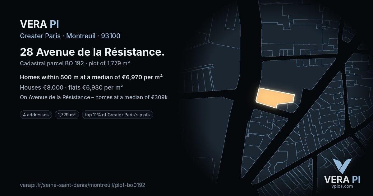 28 Avenue de la Résistance, Montreuil at night – the plot lit, the parcels around coloured by the prices near them