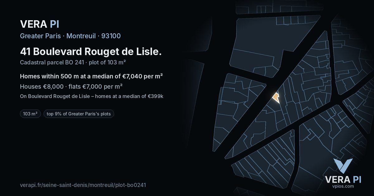 41 Boulevard Rouget de Lisle, Montreuil at night – the plot lit, the parcels around coloured by the prices near them