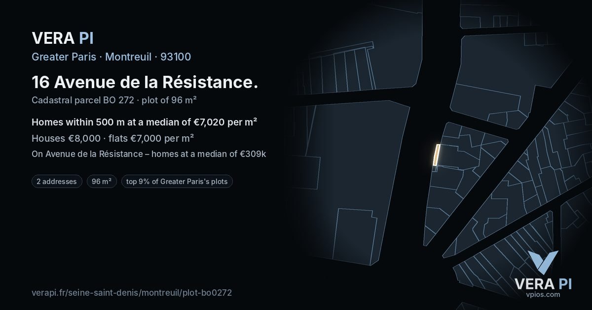 16 Avenue de la Résistance, Montreuil at night – the plot lit, the parcels around coloured by the prices near them