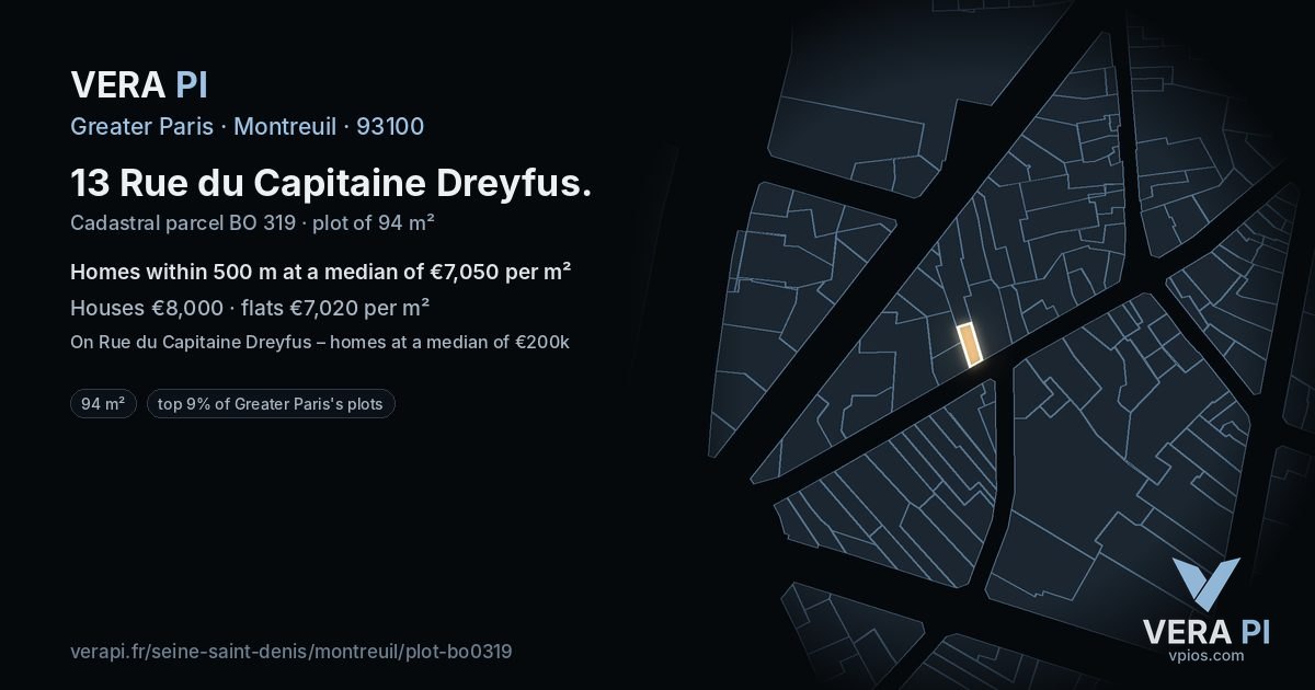 13 Rue du Capitaine Dreyfus, Montreuil at night – the plot lit, the parcels around coloured by the prices near them