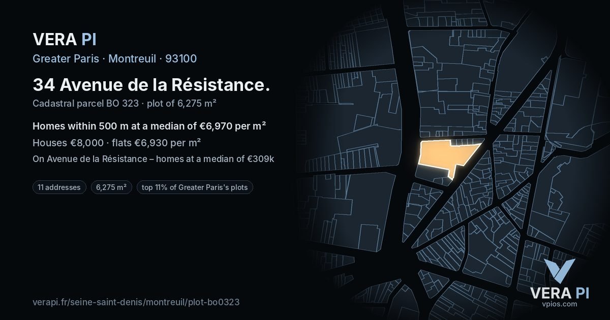 34 Avenue de la Résistance, Montreuil at night – the plot lit, the parcels around coloured by the prices near them