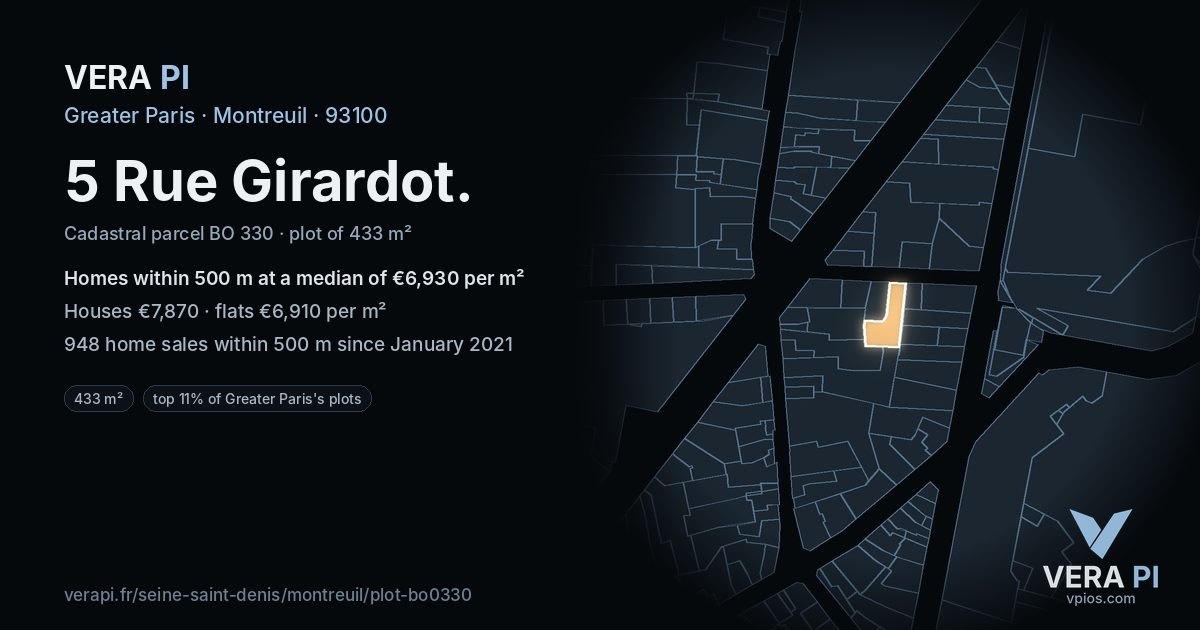 5 Rue Girardot, Montreuil at night – the plot lit, the parcels around coloured by the prices near them