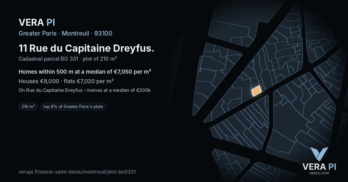 11 Rue du Capitaine Dreyfus, Montreuil at night – the plot lit, the parcels around coloured by the prices near them