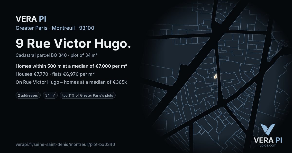 9 Rue Victor Hugo, Montreuil at night – the plot lit, the parcels around coloured by the prices near them