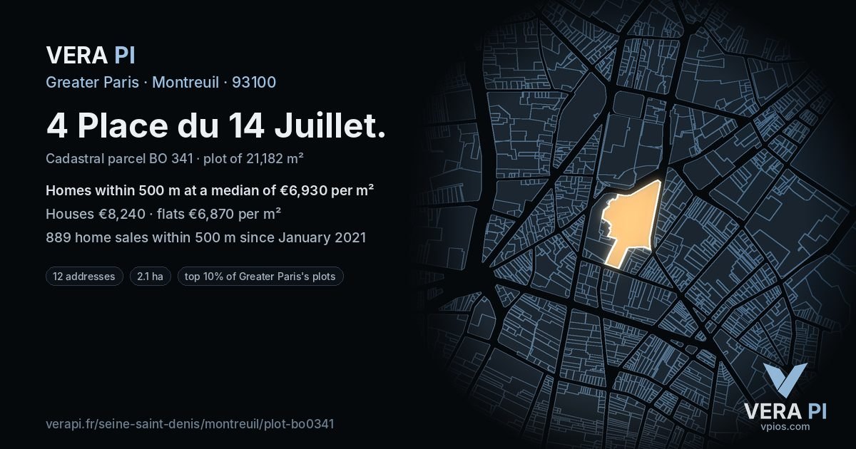 4 Place du 14 Juillet, Montreuil at night – the plot lit, the parcels around coloured by the prices near them