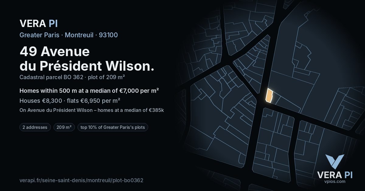 49 Avenue du Président Wilson, Montreuil at night – the plot lit, the parcels around coloured by the prices near them