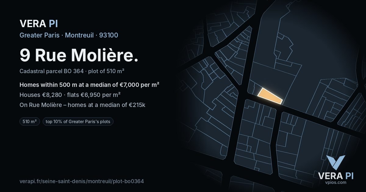 9 Rue Molière, Montreuil at night – the plot lit, the parcels around coloured by the prices near them