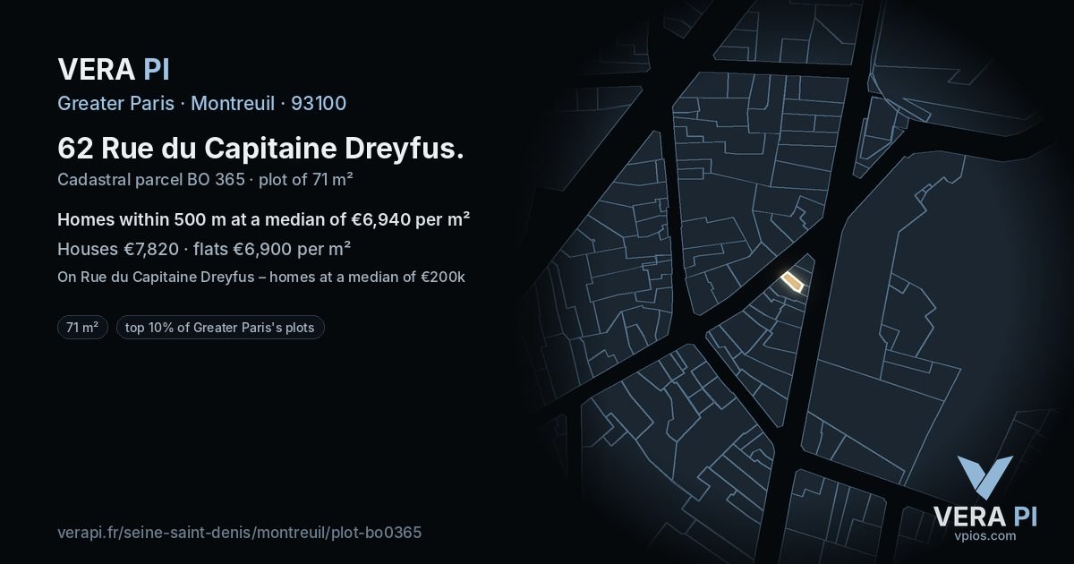 62 Rue du Capitaine Dreyfus, Montreuil at night – the plot lit, the parcels around coloured by the prices near them