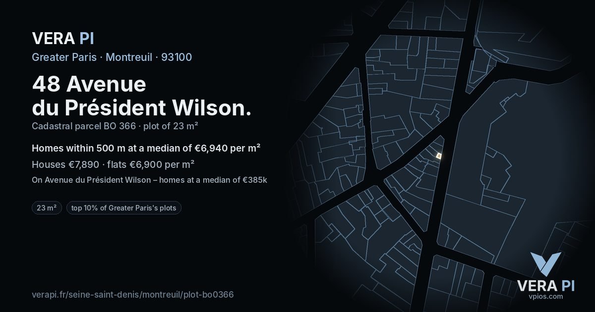 48 Avenue du Président Wilson, Montreuil at night – the plot lit, the parcels around coloured by the prices near them