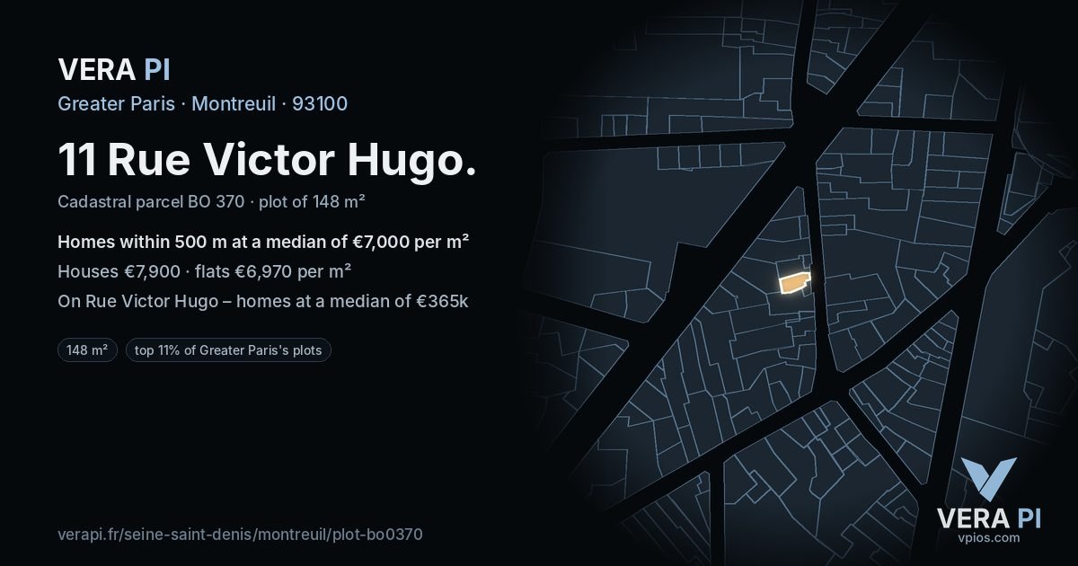 11 Rue Victor Hugo, Montreuil at night – the plot lit, the parcels around coloured by the prices near them