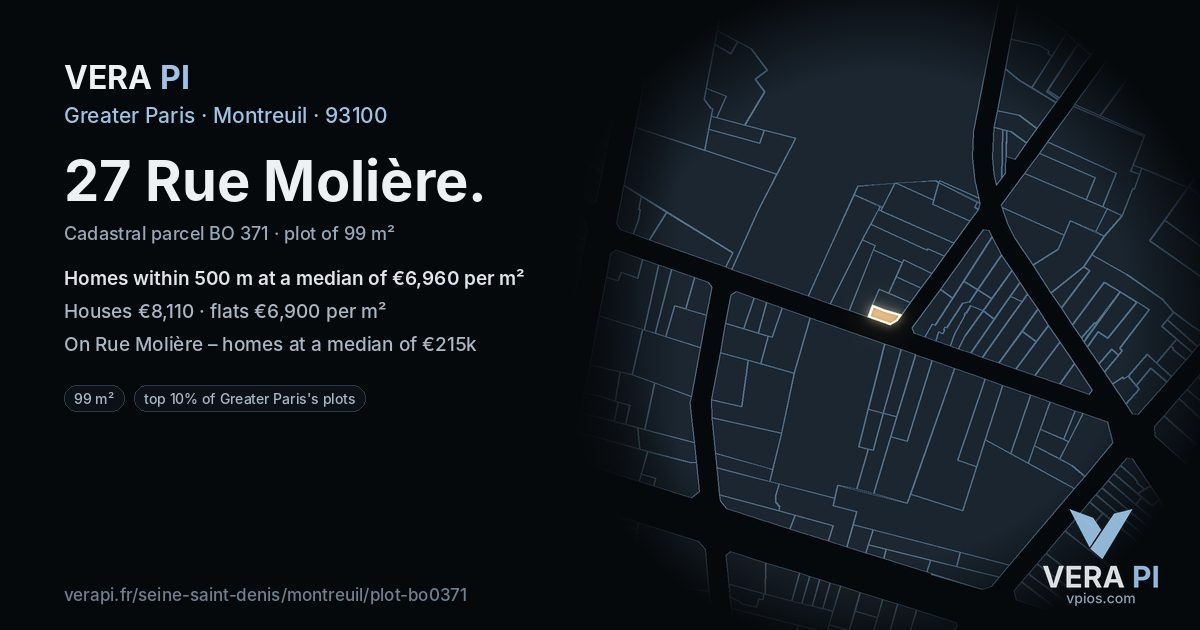 27 Rue Molière, Montreuil at night – the plot lit, the parcels around coloured by the prices near them