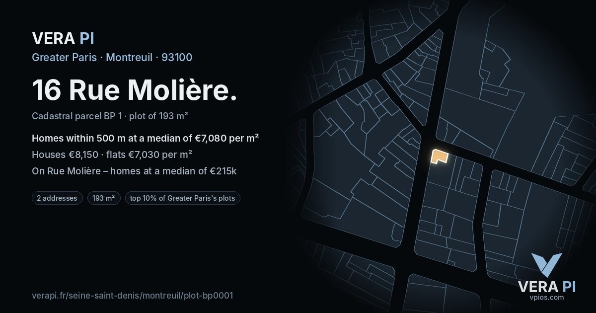 16 Rue Molière, Montreuil at night – the plot lit, the parcels around coloured by the prices near them