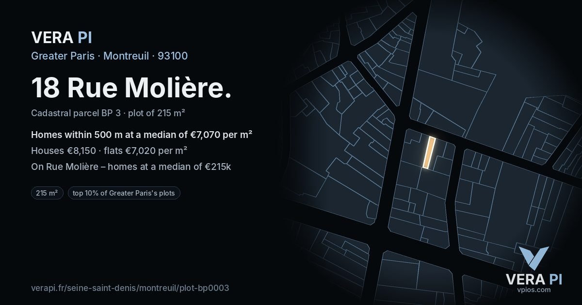 18 Rue Molière, Montreuil at night – the plot lit, the parcels around coloured by the prices near them