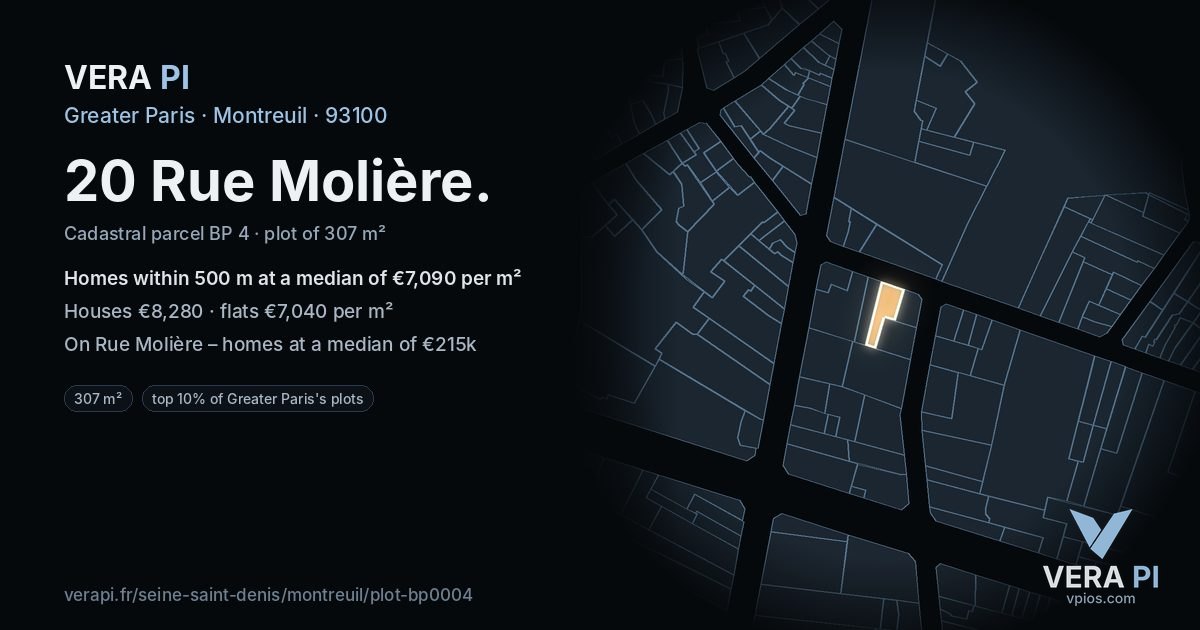 20 Rue Molière, Montreuil at night – the plot lit, the parcels around coloured by the prices near them