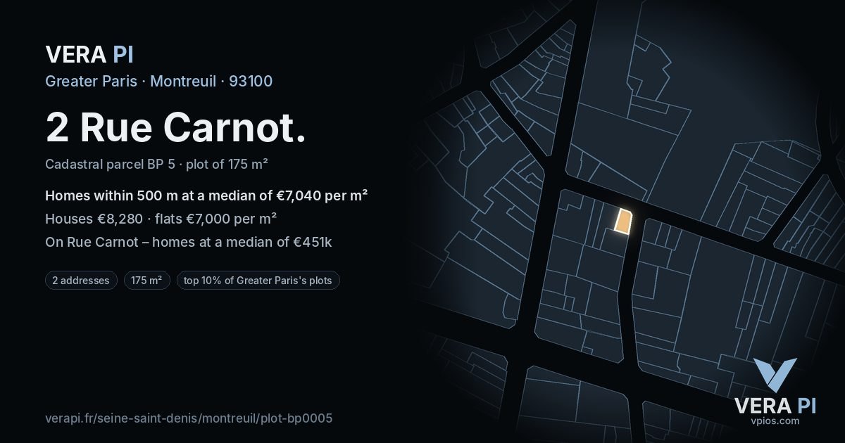 2 Rue Carnot, Montreuil at night – the plot lit, the parcels around coloured by the prices near them