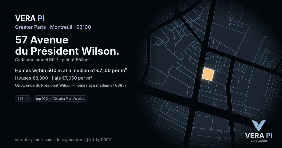 57 Avenue du Président Wilson, Montreuil at night – the plot lit, the parcels around coloured by the prices near them